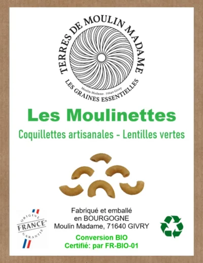 Pâtes Moulinettes coquillettes artisanales lentilles vertes